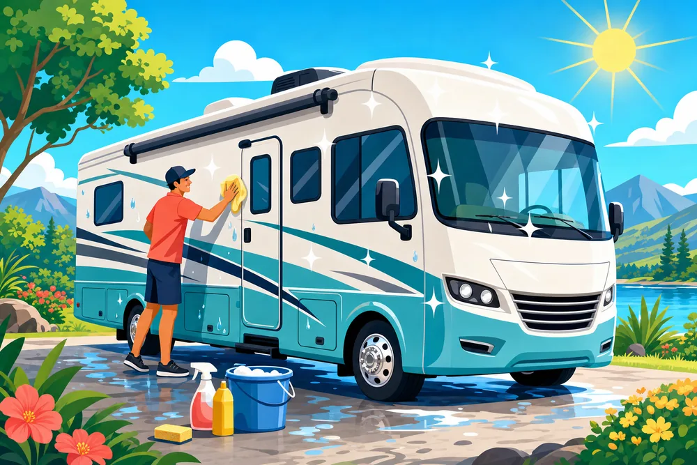 Illustrated RV motorhome being detailed and waxed on a sunny day