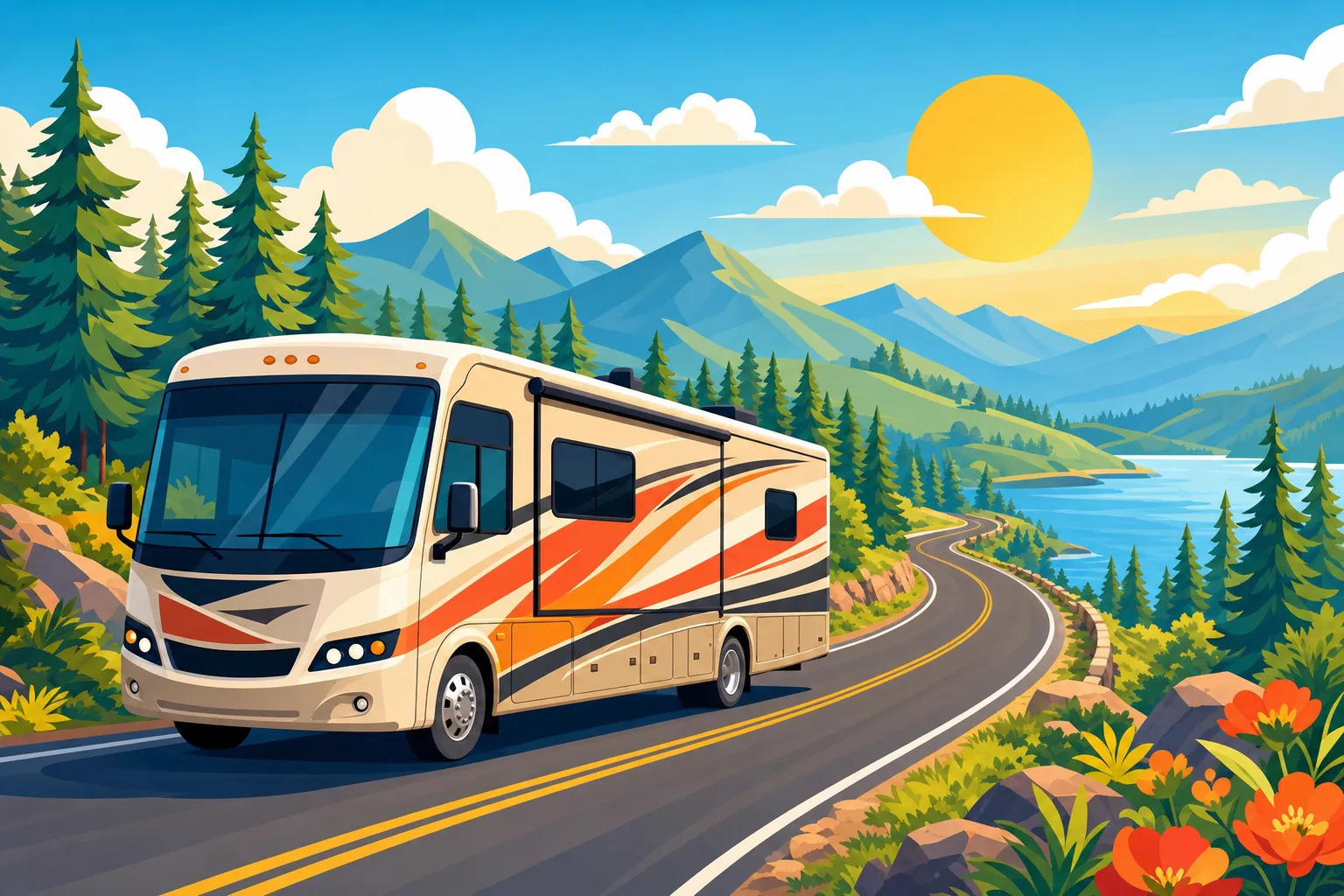 Illustrated motorhome RV driving along a sunny winding forest road