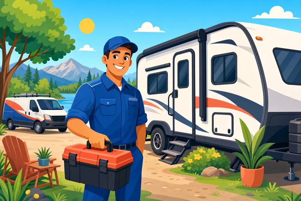 Illustrated RV technician holding a toolbox beside a travel trailer