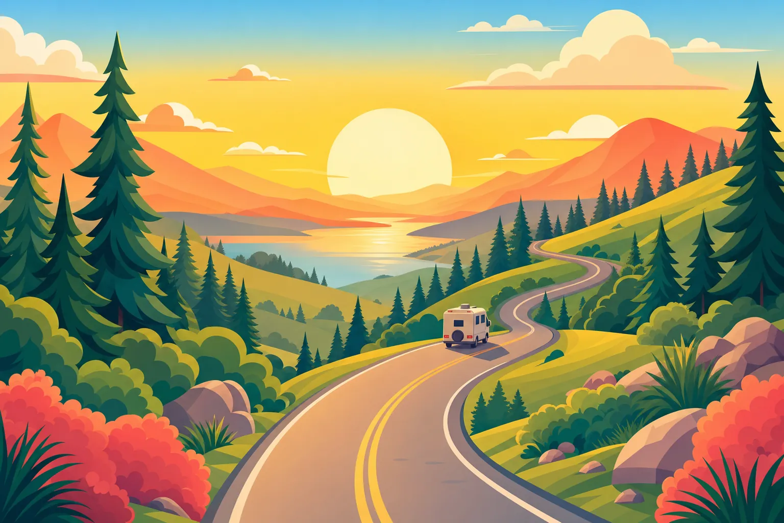 Illustrated winding road through hills at golden hour